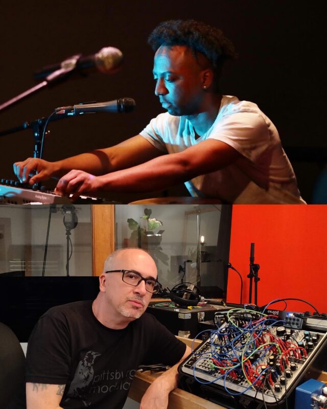 Two photos. The one on top is Gladstone Deluxe in front of DJ equipment and a microphone. The bottom is Soy Sos in a recording studio.