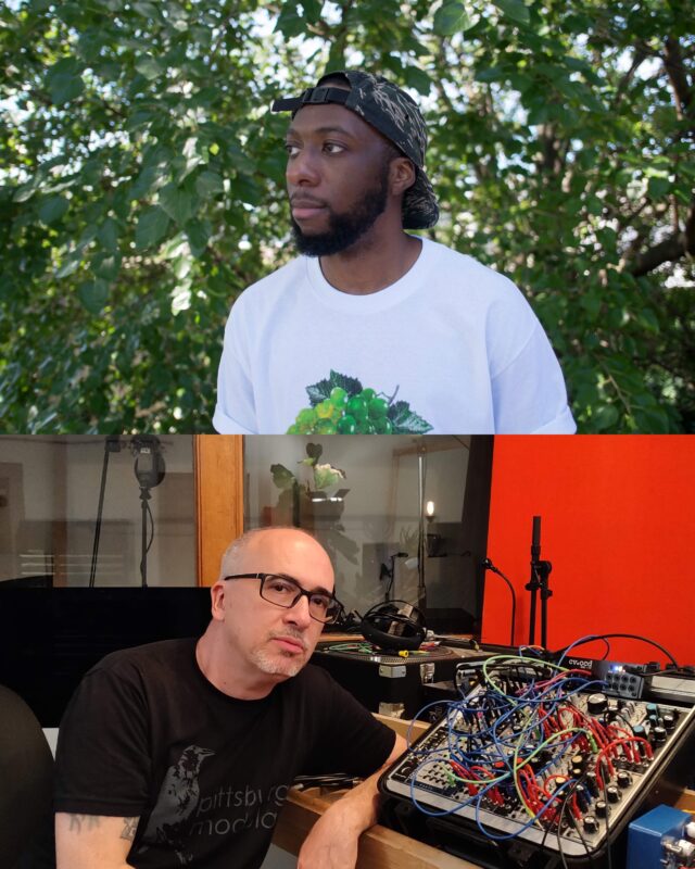 Two photos. The one on top is PVKVSV outside with trees in the background looking off to the left of the camera. The bottom is Soy Sos in a recording studio.