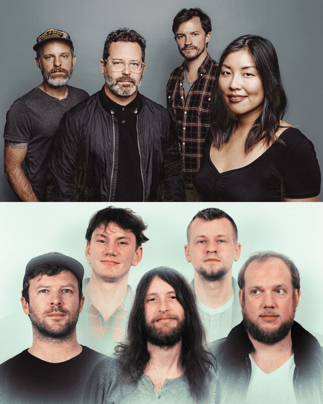 Two photos, one on top of the other. The top one is The Real Sea and is a group of four people in front of a gray backdrop smiling towards the camera. The bottom photo is Good Sport and is a group of five people in front of a light gray background looking towards the camera.