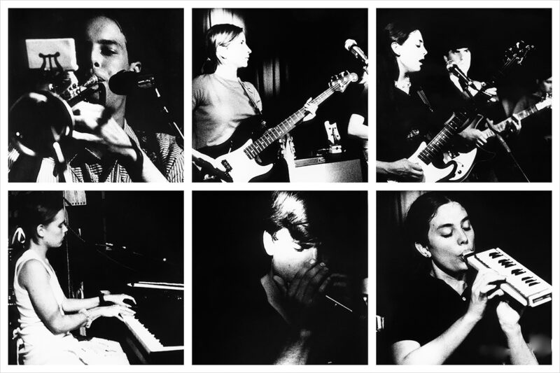 A collage of six square black and white images of members of The Ladybug Transistor playing various instruments and singing into a microphone.