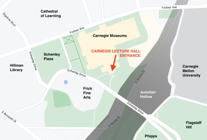 Map showing an arrow pointing to the entrance of the Carnegie Lecture Hall