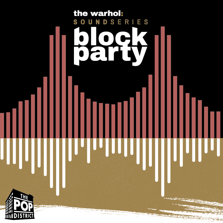 A poster with a sound wave in pink on a black background in the top half and an upside-down sound wave in white on a tan background on the bottom half. Also on the top half, it says, The Warhol: Sound Series Block Party.