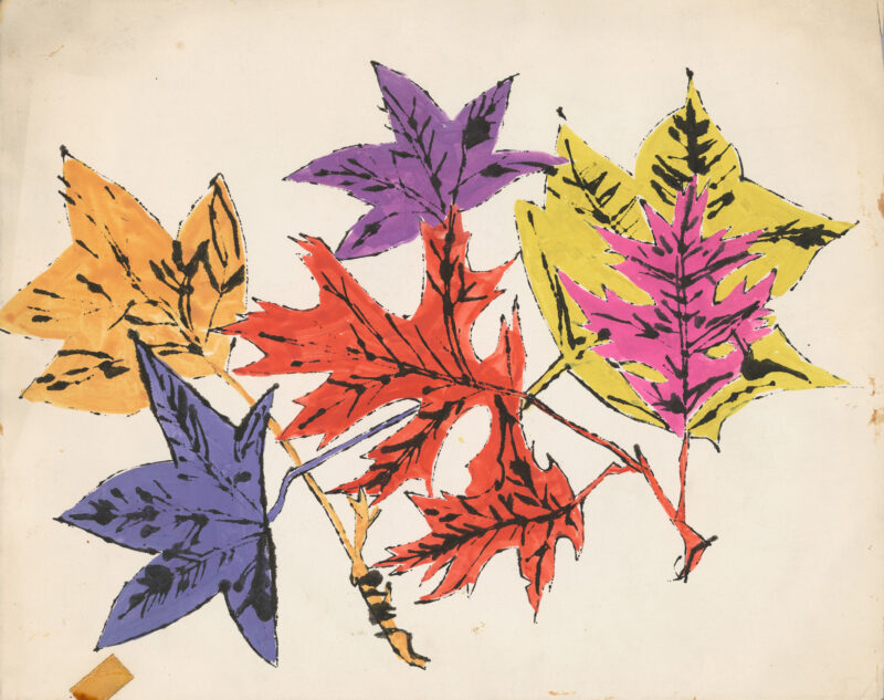 An ink and watercolor drawing of colorful fall leaves, done by Andy Warhol.
