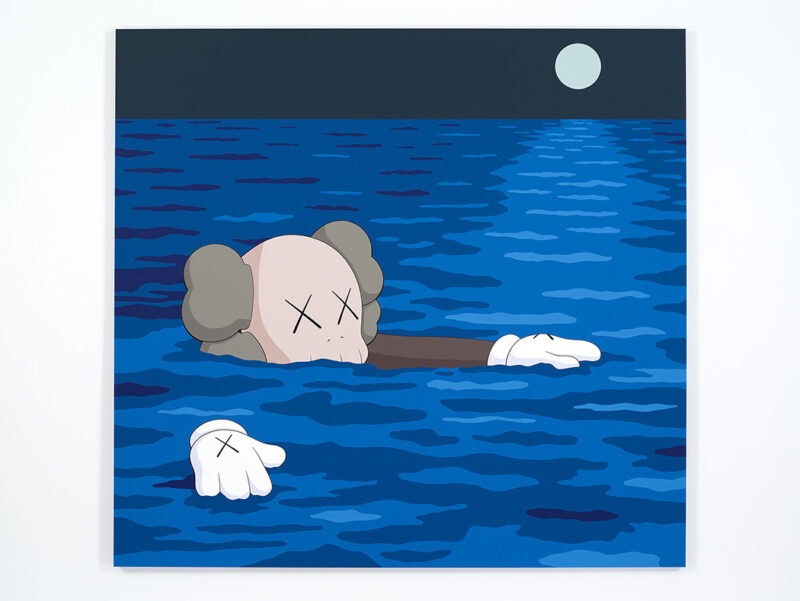 Artwork of a figure with x's on their eyes in a large body of water. Only their head, two hands, and left arm can be seen above the water. The moon is in the background reflecting on the water.