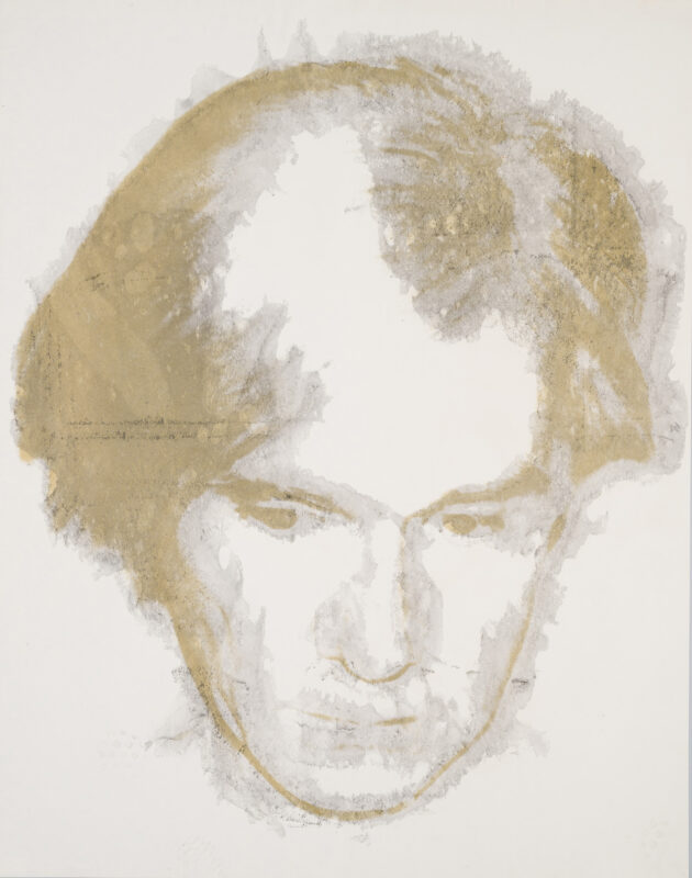 A self-portrait of Andy Warhol on a cream colored canvas with tan colors.