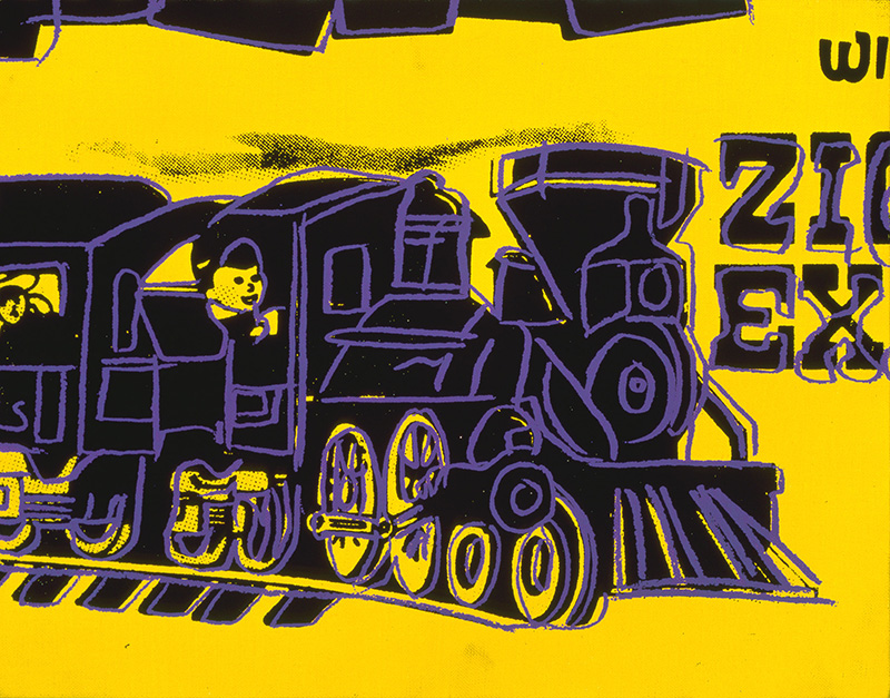 A screenprint of a train in black with purple outlines on a yellow background.