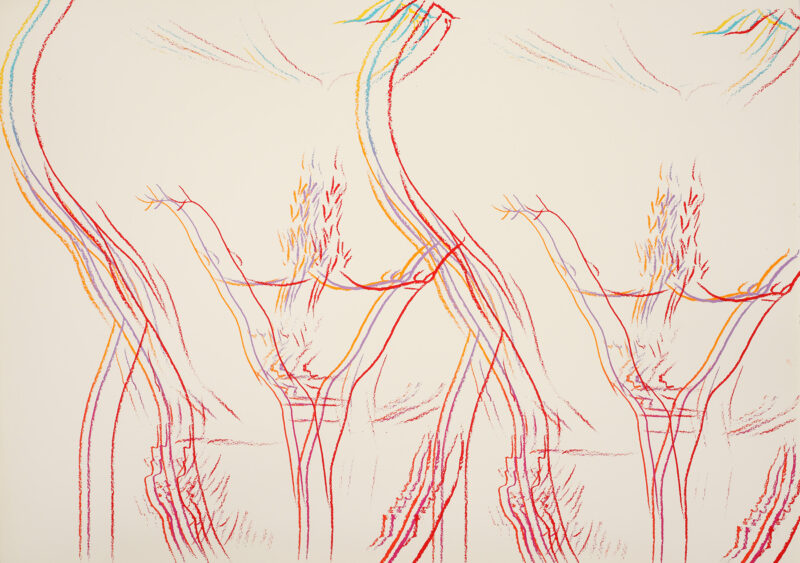 Painting of outlines of two male torsos in red, blue, and yellow outlines
