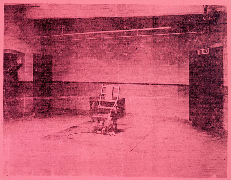 A screenprint of an electric chair in a room in black ink on a pink background.