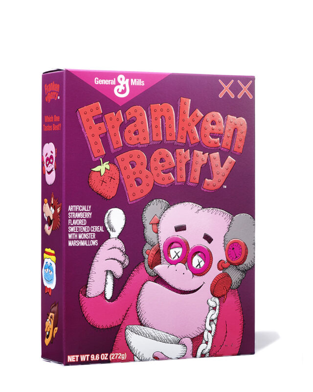 A cereal box sculpture with a pink figure eating cereal and Franken Berry as the title.