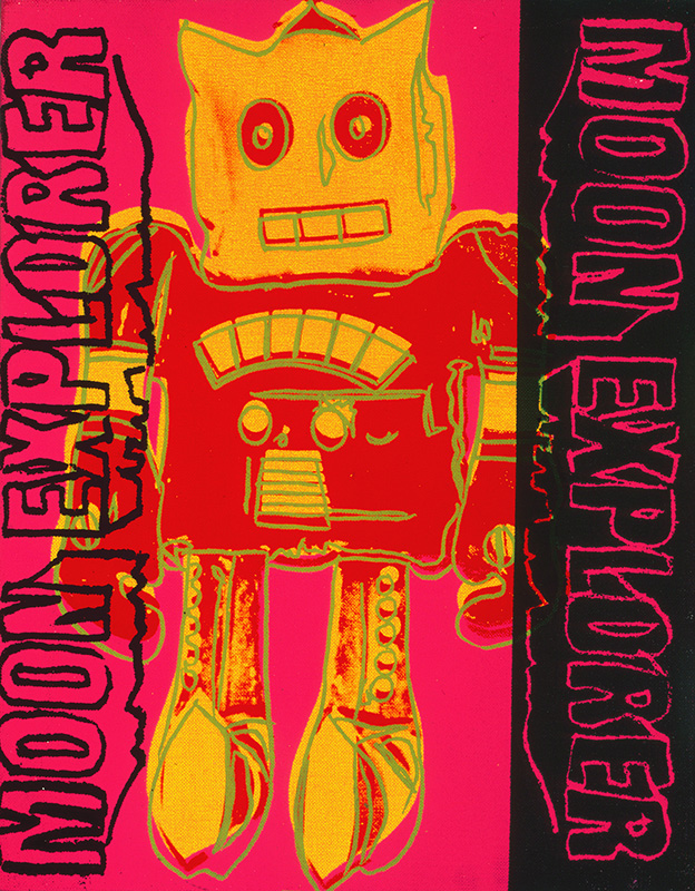 Screenprint of a red and yellow robot with green outlines on a pink background. Moon Explorer is on both the left and right side of the image going up and down.