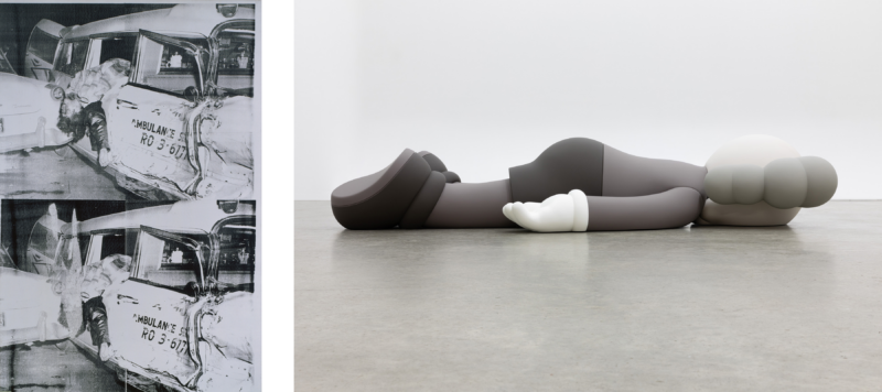 The left image is of Andy Warhol's painting entitled Ambulance Disaster (1964-65) depicting a bloodied man laying halfway out of a crashed Ambulance's side window. The image on the right is a sculpture entitled Companion 2020 (2020) by KAWS. The sculpture is of a cartoon like figure laying face down, appearing exhausted and defeated.