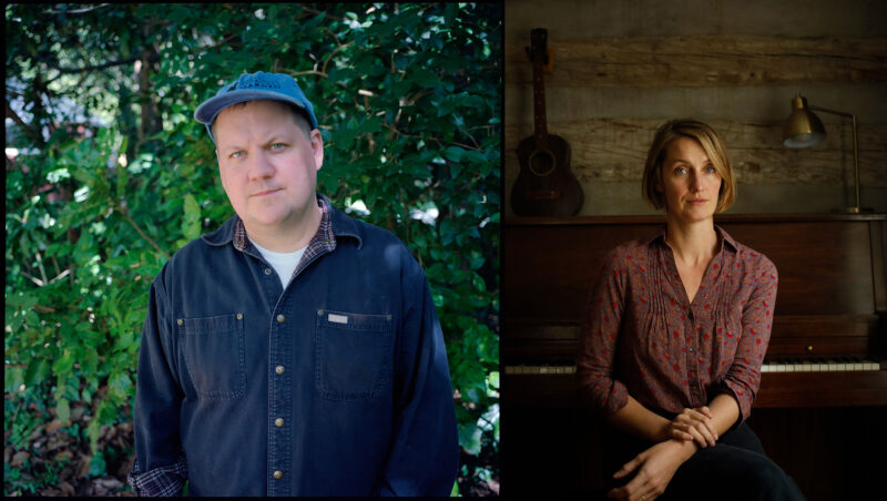 Two photos. The left one is Jake Xerxes Fussell standing outside in front of many leaves wearing a blue hat and a blue button down shirt. The photo on the right is Joan Shelley sitting on a piano bench with her legs crossed inside in front of a piano.
