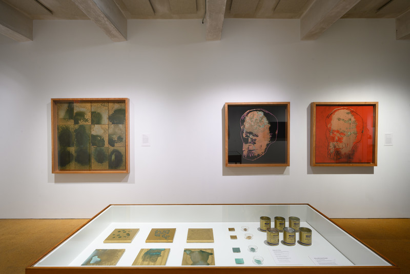 Installation gallery photograph. The left painting is a grid of 12 smaller abstract paintings framed together as one. The right two paintings are of abstracted images of a scull, one black, and one red. The center bottom shows a vitrine displaying small paintings and mineral samples.