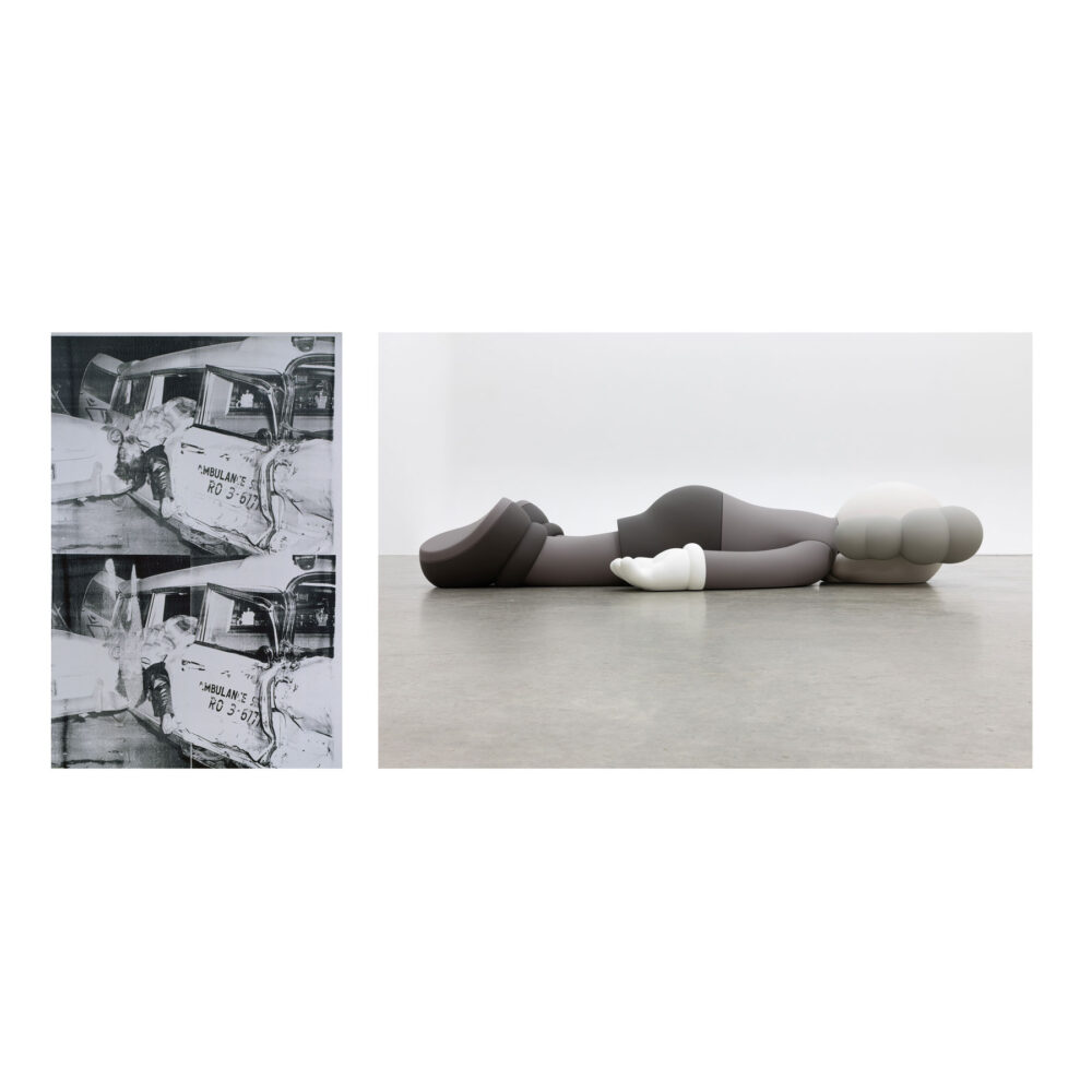 The left image is of Andy Warhol's painting entitled Ambulance Disaster (1964-65) depicting a bloodied man laying halfway out of a crashed Ambulance's side window. The image on the right is a sculpture entitled Companion 2020 (2020) by KAWS. The sculpture is of a cartoon like figure laying face down, appearing exhausted and defeated.