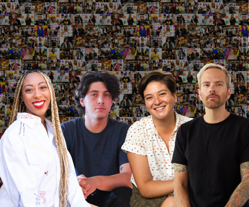 A collage of four people in the foreground looking towards the viewer overlaid on top of a collage of many photographs.