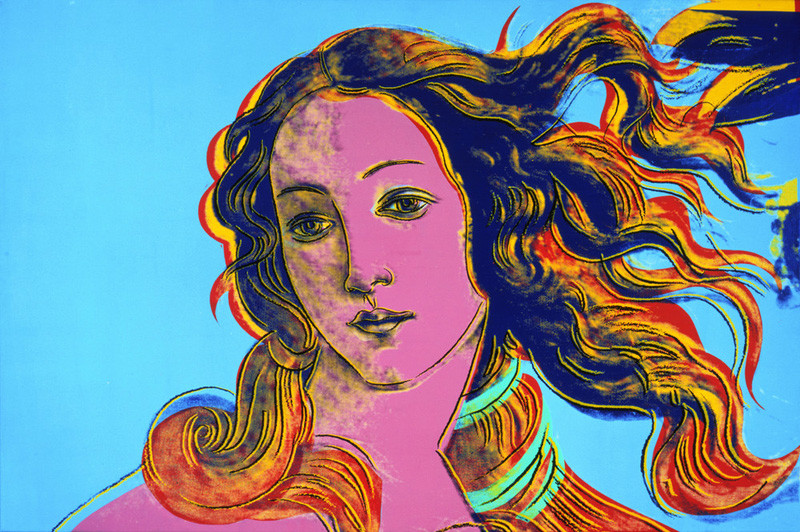 Warhol painting of the a detail of Botticelli The Birth of Venus which only shows the head and hair of Venus