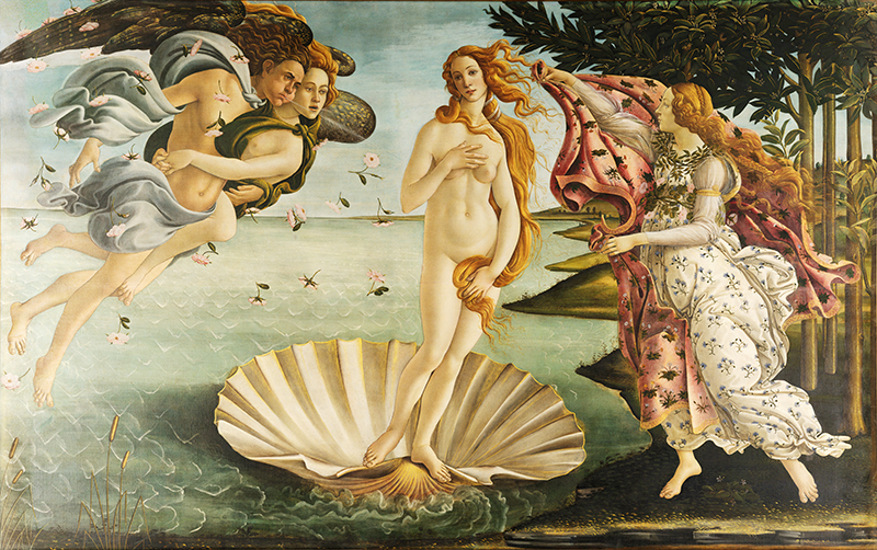 Painting of an angel, a woman nude (center) standing in a shell, and another woman with a piece of fabric in motion intending to cover the nude figure.