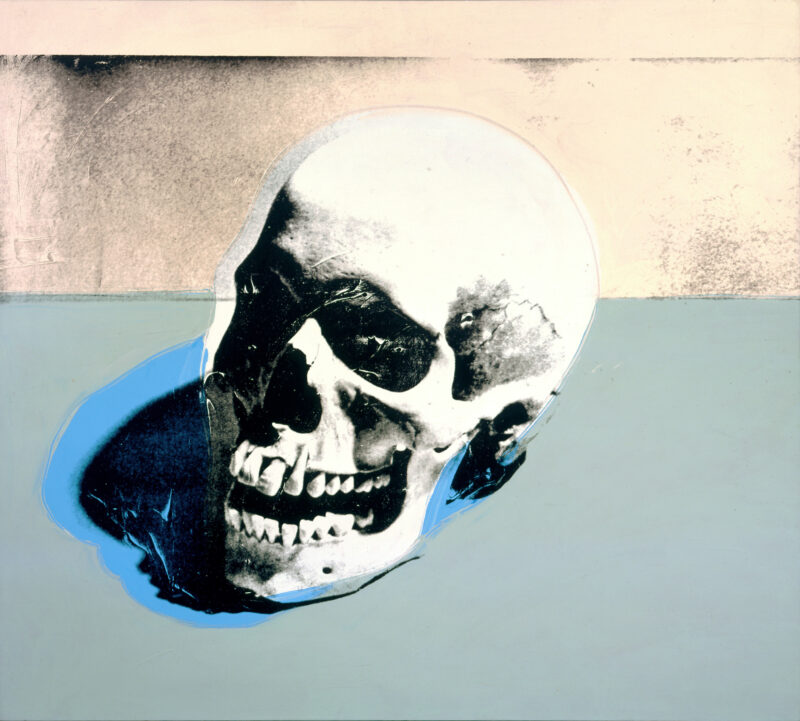 Screen print of a white skull with a blue shadow on a pale green and cream background.