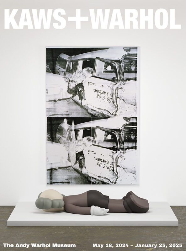 Painting showing two identical images of a car crash and body hanging out of a car window. In front of the painting a sculpture shows a figure laying face down. Text over the image reads KAWS+WARHOL and gives the dates for the exhibition.