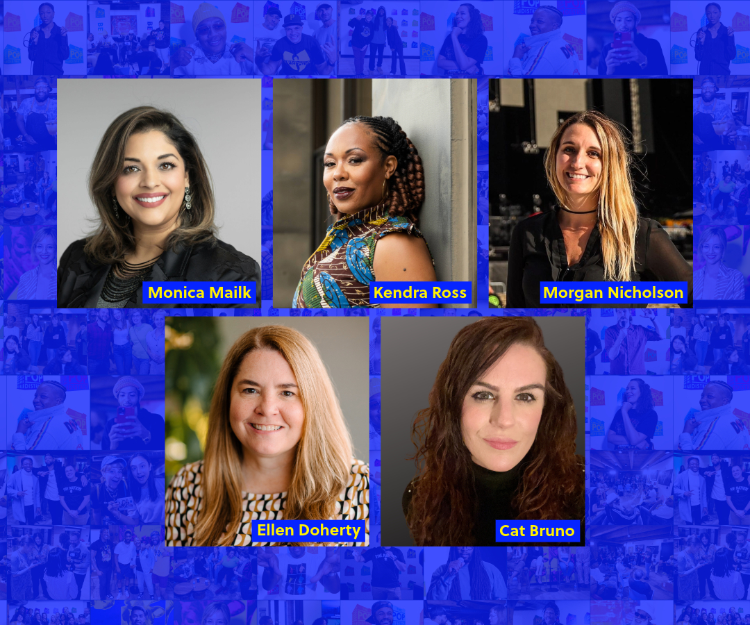 Headshots of the five Network Factory panelists with their names listed on each headshot on a background of collaged photos in dark blue tint.