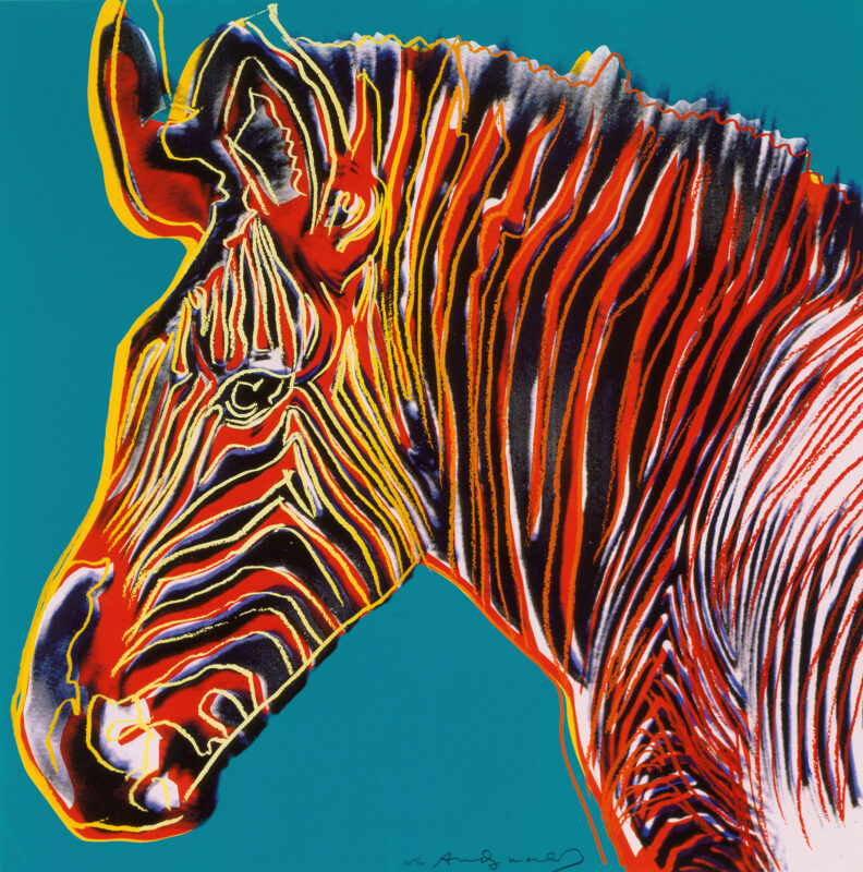 Endangered Species: Grevy's Zebra by Andy Warhol, featuring a colorful, stylized portrayal of a zebra with vibrant red and yellow stripes against a bright blue background.