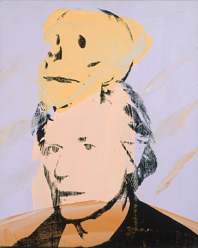 Andy Warhol in Three Quarters perspective with a skull on his head. Pastel yellow, gray and brown colors