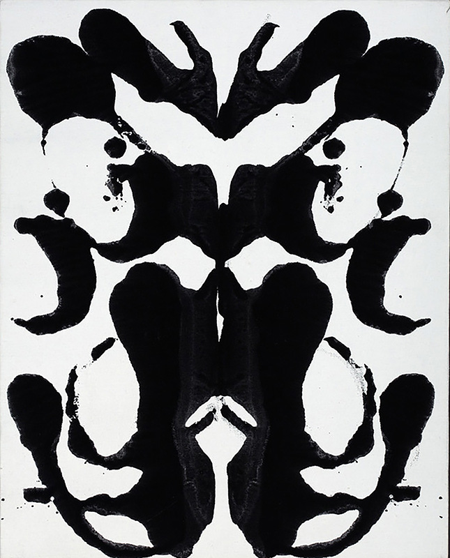 A black and white Rorschach image