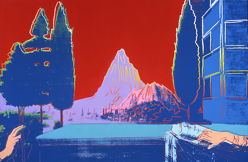 Landscape of mountain and threes. The sky is red, Trees are blue, Mountain is Lilac