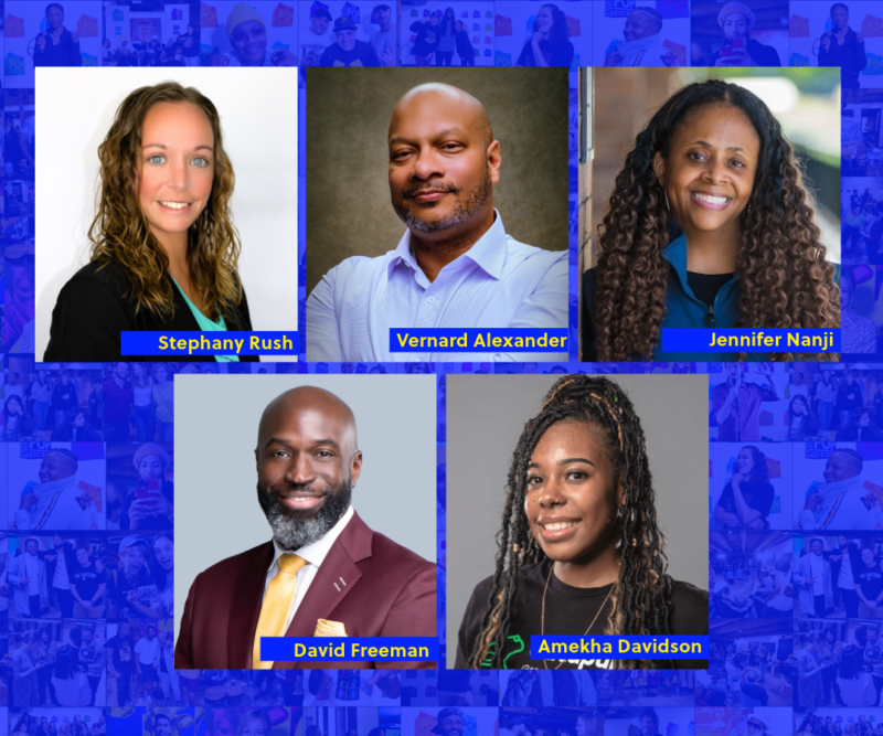 Group photo featuring five professionals portraits all set against a blue background with lighter blue silhouettes of people.