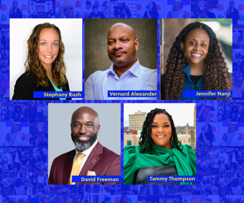 Group photo featuring five professionals portraits all set against a blue background with lighter blue silhouettes of people.
