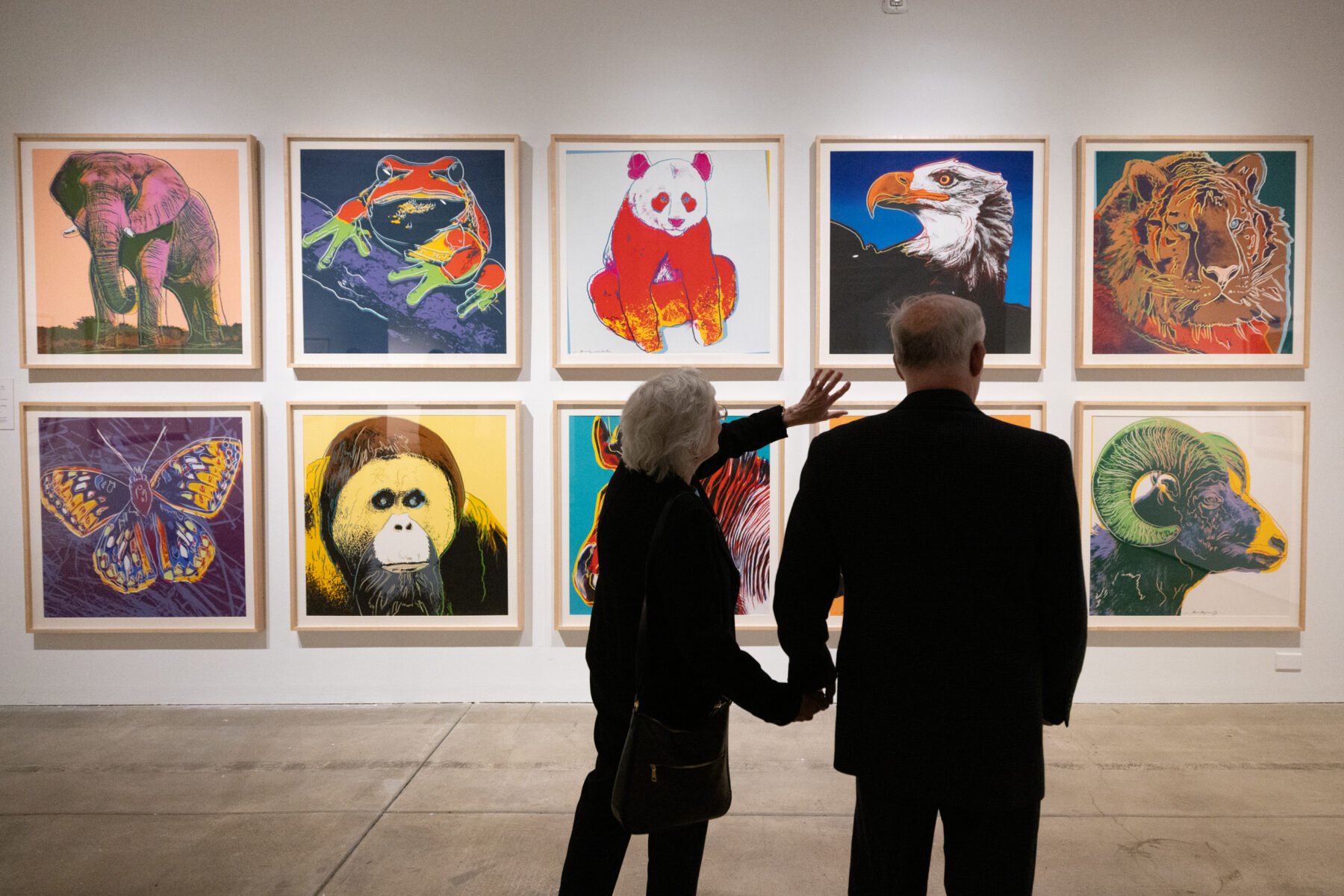 Two people stand infront of 10 painting in theEndangered Species series by Andy Warhol