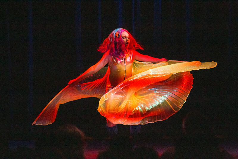 Performer in a vibrant, flowing costume dancing on stage with dynamic lighting effects.