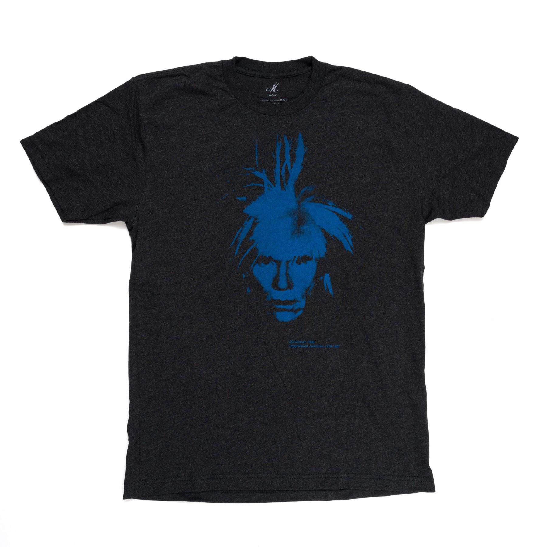 A unisex black grey teeshirt with Andy Warhol's fright wig in self portrait in blue.