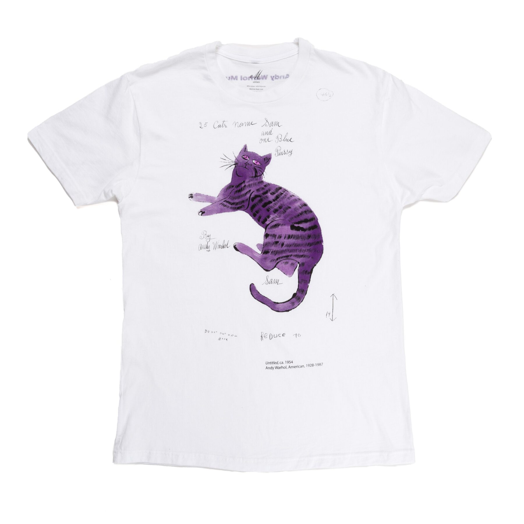 A unisex white tee-shirt with a drawing of a purple cat by Andy Warhol