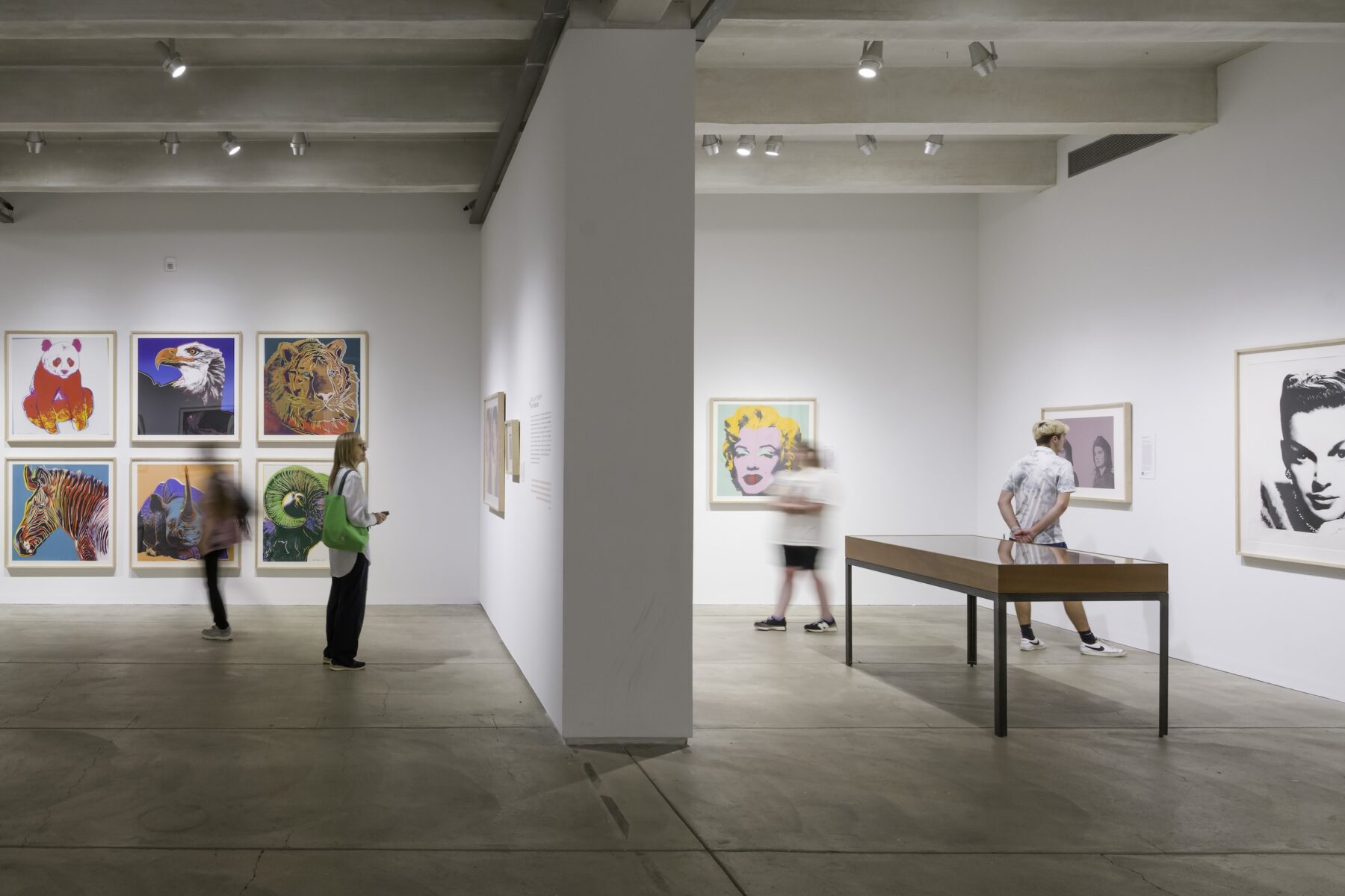 An art gallery with several people viewing various artworks on display. The left wall features six vibrant framed pieces arranged in two rows, including images like a pink panda and abstract designs. The center has a white dividing wall with text and partial artwork visible on its right side. The right side displays colorful Marilyn Monroe and black-and-white portraits above a long table with display items. Concrete floors and ceiling lights illuminate the space.