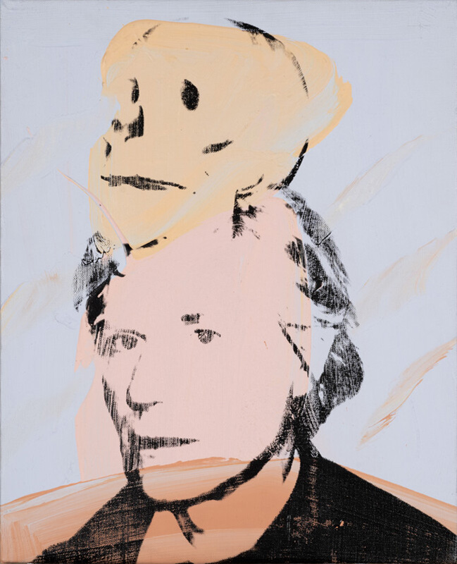 Artwork by Andy Warhol featuring an image of Warhol with a skull on top of his head against a pale, abstract background.