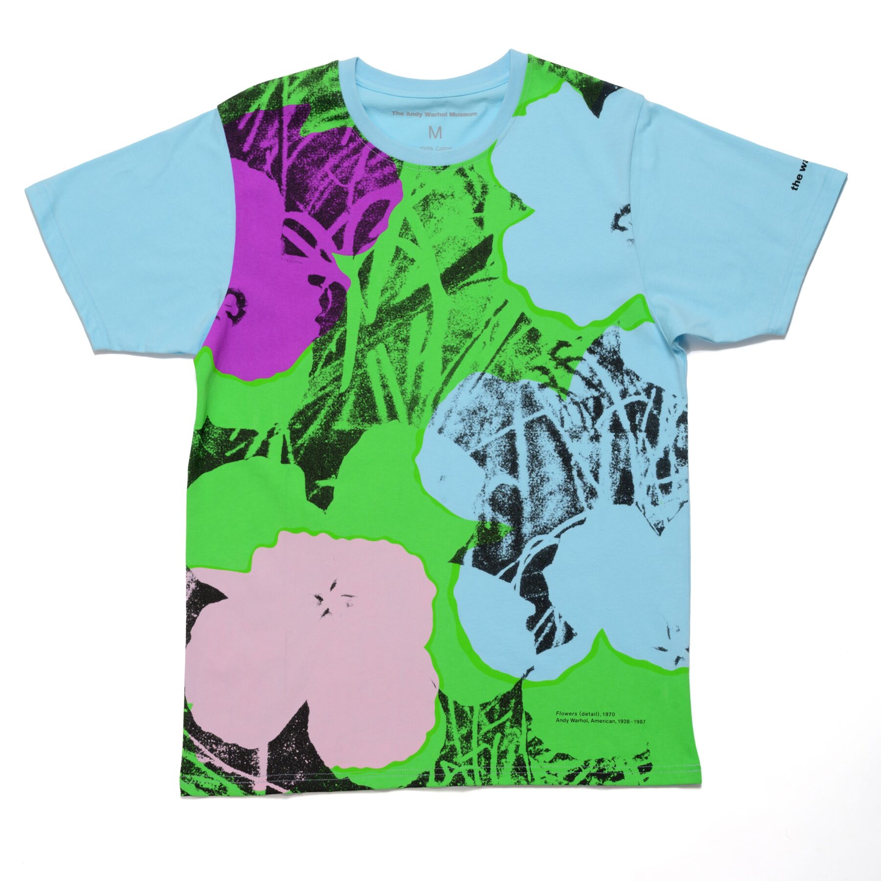 A uni-sex T-shirt with teal sleaves. Printed on the chest is Andy Warhol's flowers in purple, green and tan