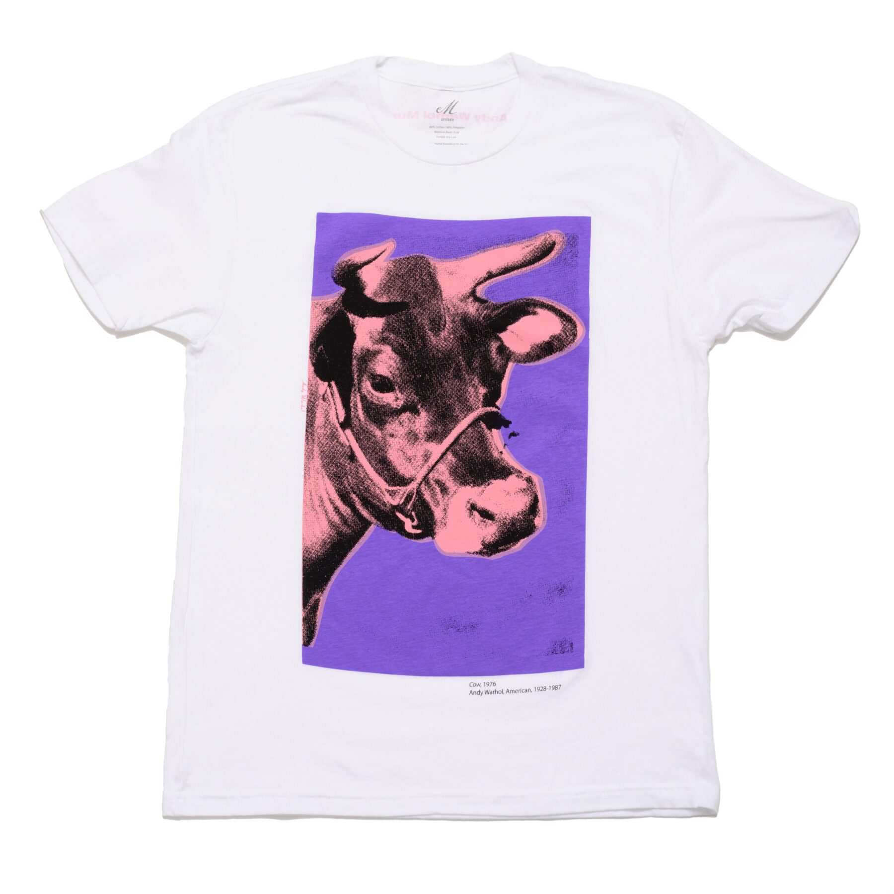 A unisex white tee-shirt with a purple square and a pink cow by Andy Warhol