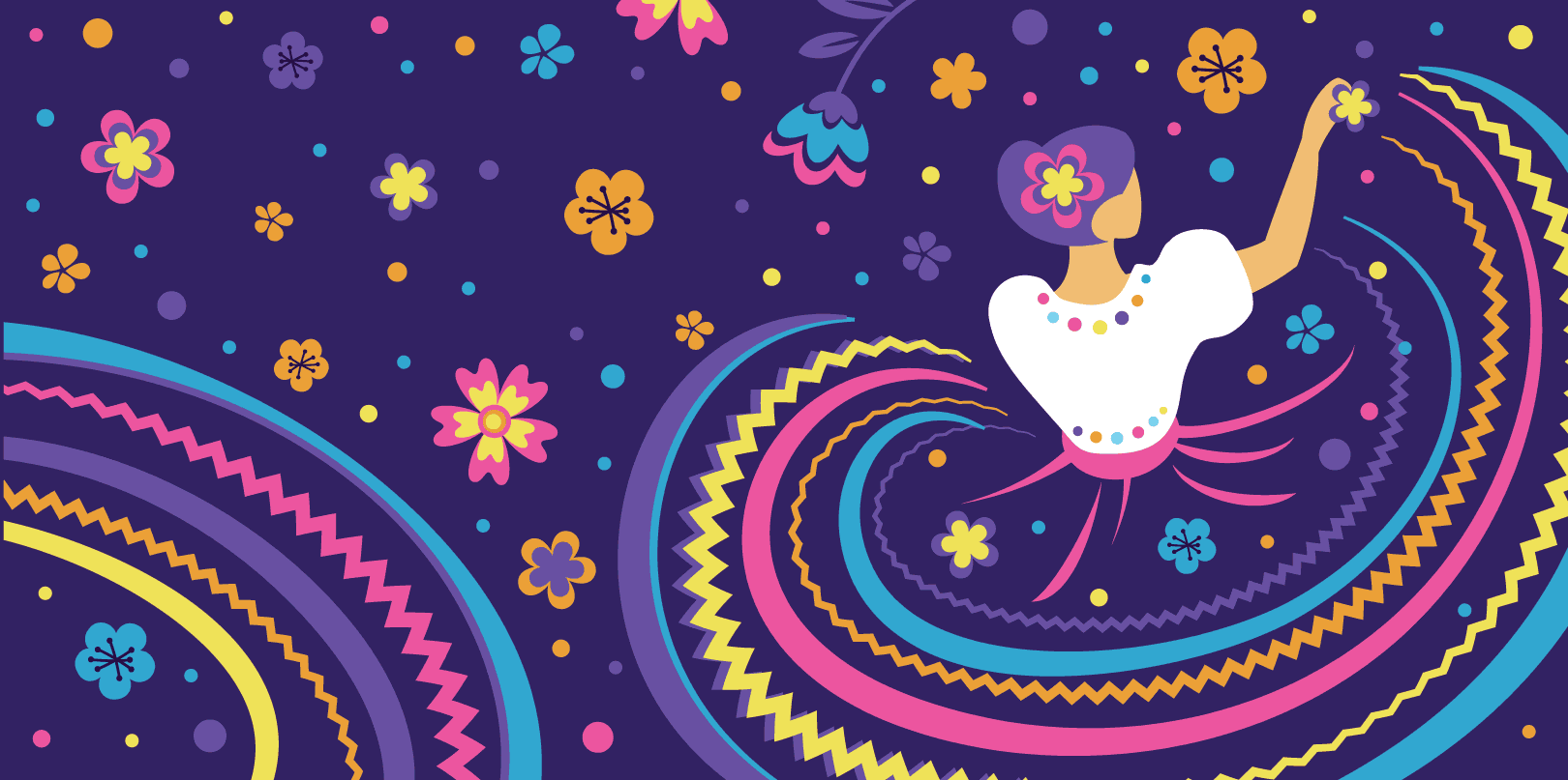 Illustration of a person performing a traditional Mexican folk dance in a vibrant, swirling skirt on a dark purple background adorned with colorful floral patterns and butterflies.