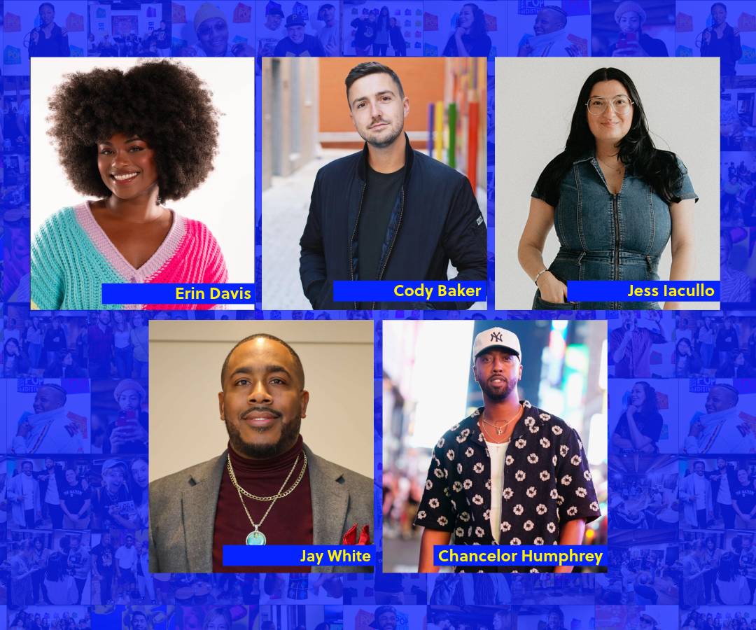 Collage of five professionals named Erin Davis, Cody Baker, Jess Iacullo, Jay White, and Chancellor Humphrey, each in separate frames against a blue background.