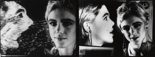 A black and white film still split by a vertical line; on the left, a person gazes as another is spewing something out of their mouth towards their face, and on the right, the same person stares directly at something displaying their own side profile.