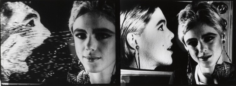 A black and white film still split by a vertical line; on the left, a person gazes as another is spewing something out of their mouth towards their face, and on the right, the same person stares directly at something displaying their own side profile.