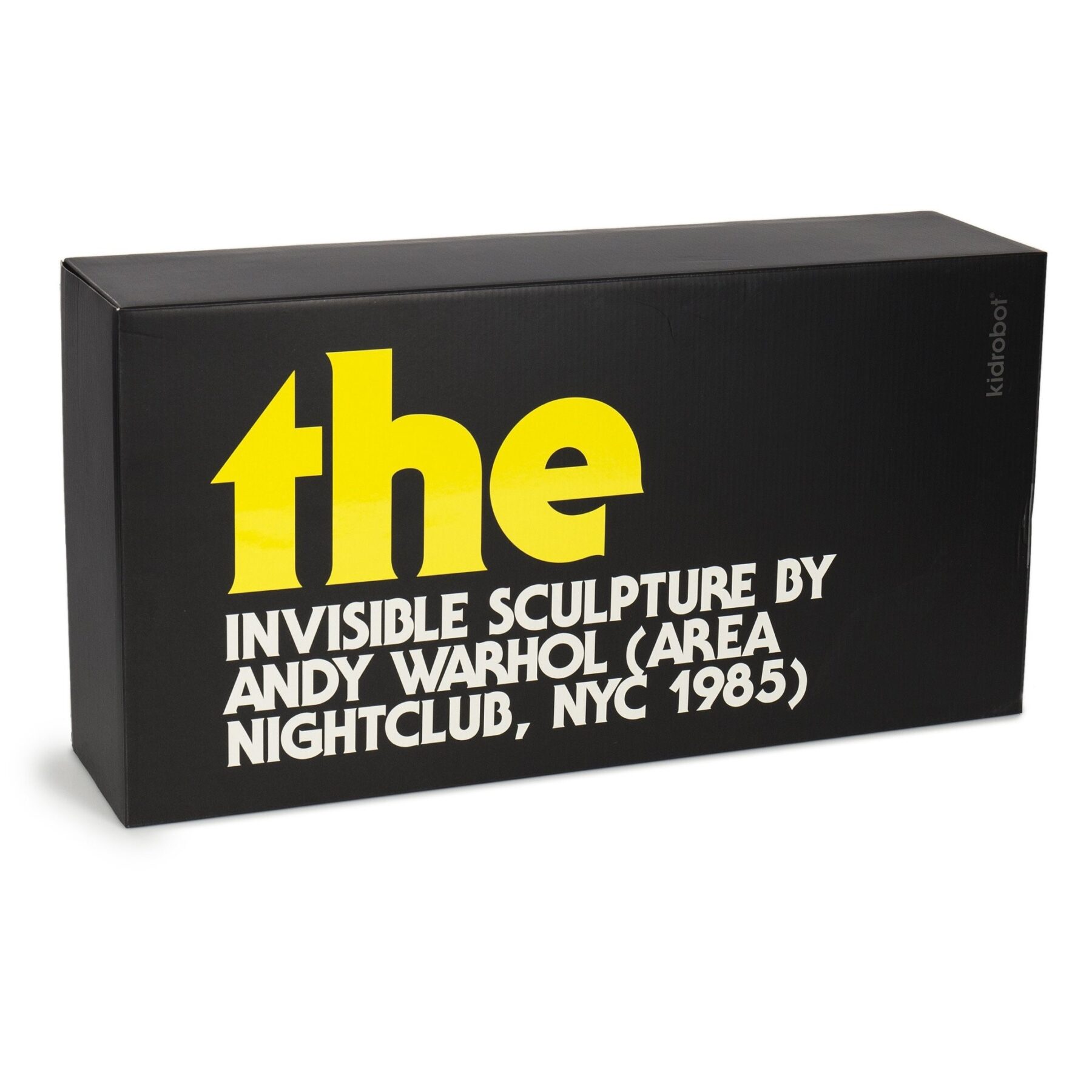 A black box with the text the invisible sculpture by Andy Warhol (area nightclub, nyc 1985)