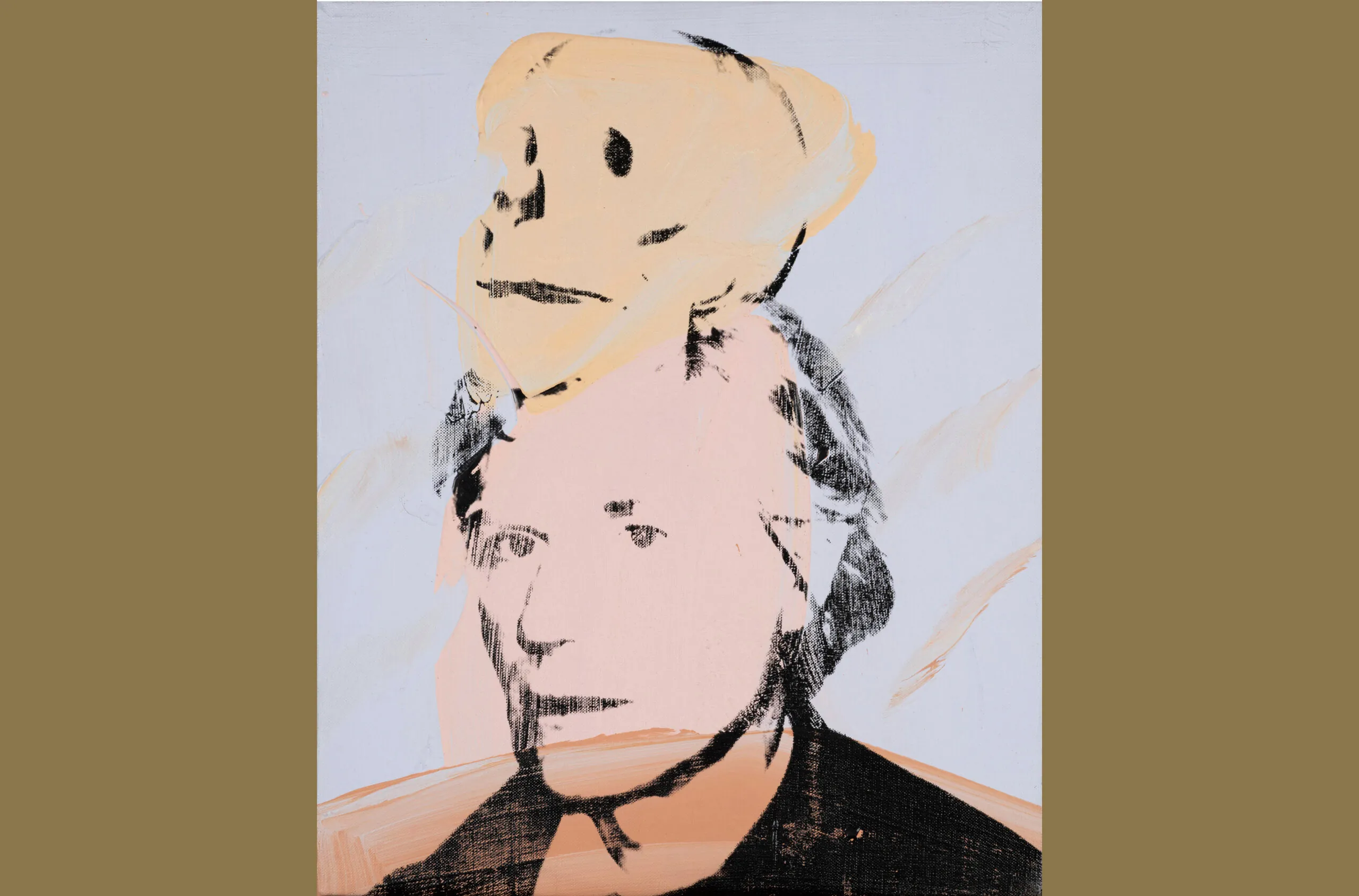 Artwork by Andy Warhol featuring an image of Warhol with a skull on top of his head against a pale, abstract background.