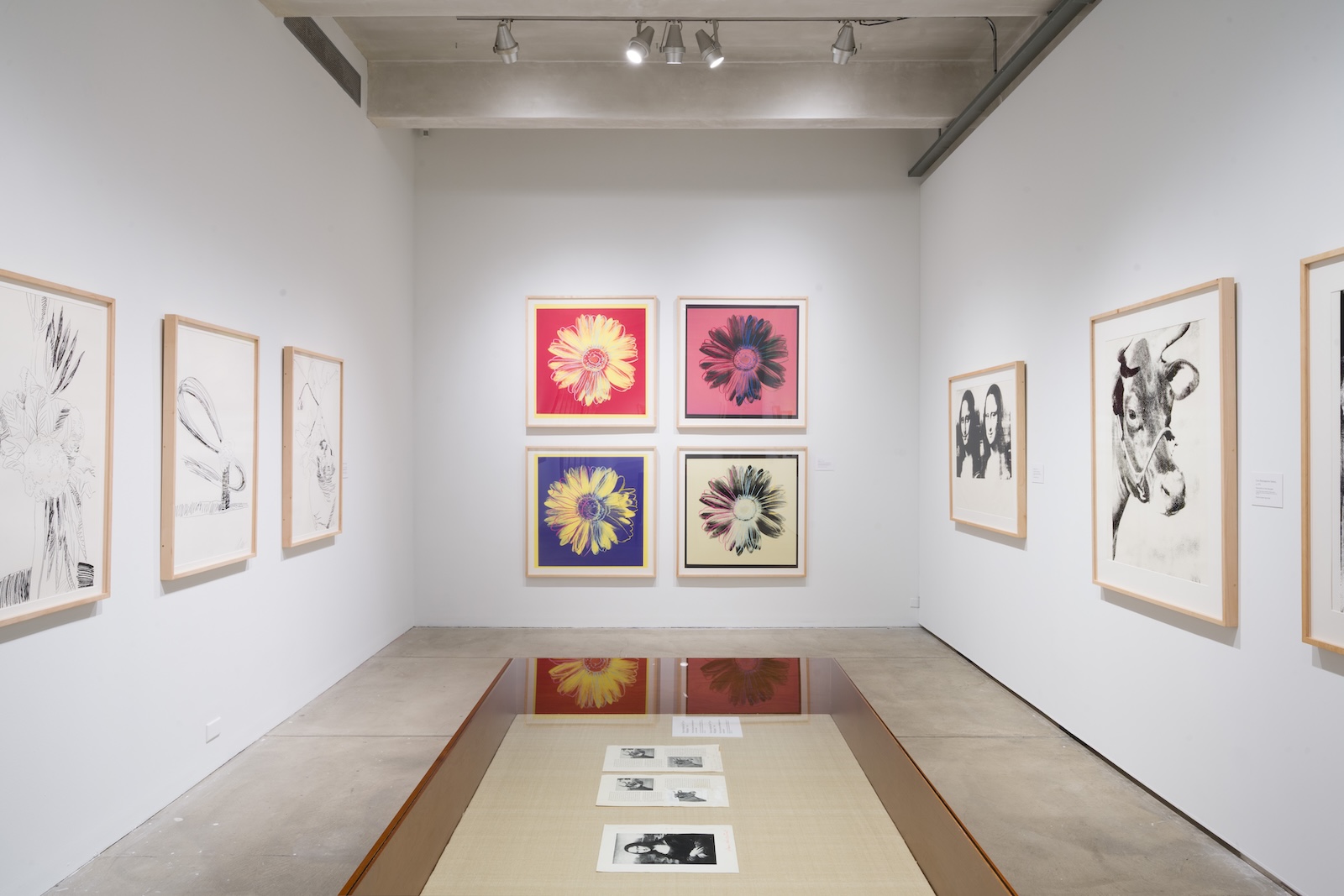 Art gallery interior with white walls and polished concrete floor. Six colorful flower prints in red, yellow, purple, pink, and beige are arranged in a grid on the far wall. The left wall features three black-and-white sketches, while the right wall displays two black-and-white portraits and a cow head sketch. A central glass-topped table holds several small black-and-white prints or photos on a beige mat. Overhead track lighting provides even illumination.