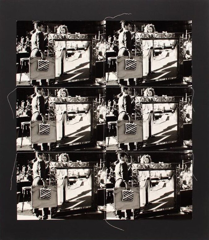 Artwork of four black and white photographs sewn edge to edge making a grid. The images are of a man and woman at a flea market. The woman is holding a large mirror in front of them.