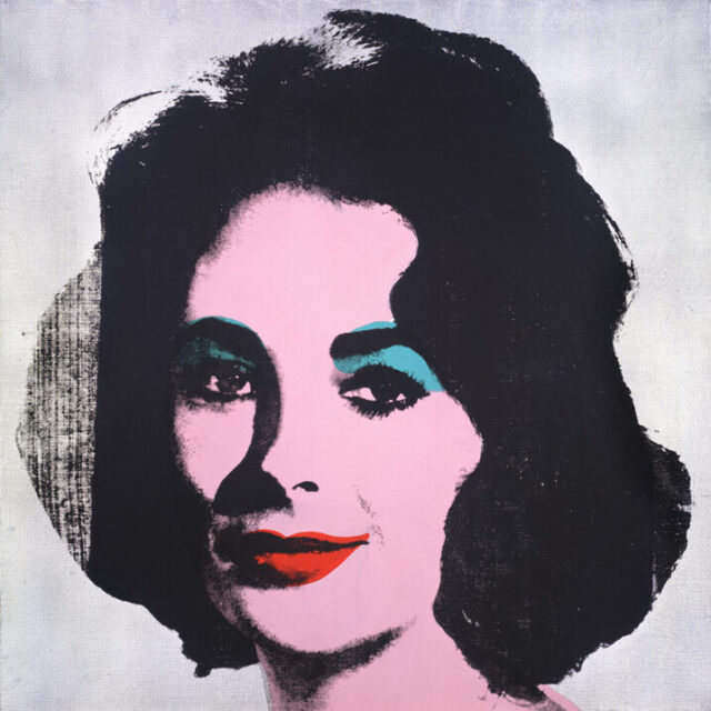 A screen printed portrait of a woman with large black hair. Her skin is pink, and has blue eyebrows and red lips.