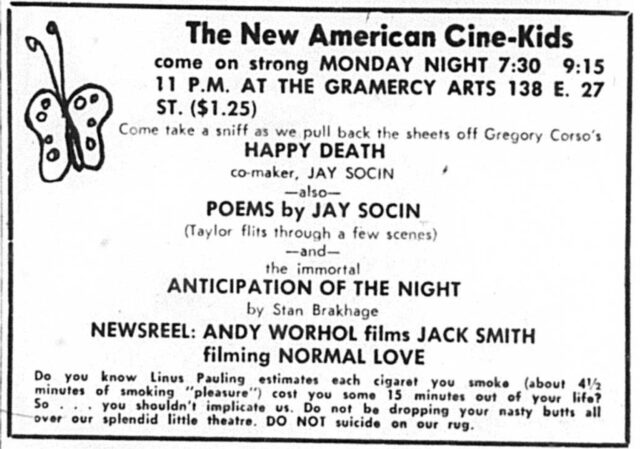 An add from a newspaper from the 1960's for a show featuring 4 artists. The top reads "The new American Cine-kids" and on the left has an image of a butterfly.