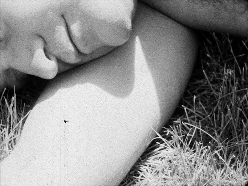 A film still dramatically zoomed in on a man laying in grass, using his arm to rest his head. Most of the screen has his arm and grass. The lower half of his face and a little of his hairy chest is also visible.