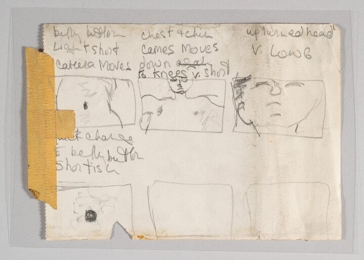 A story board sketch done in pencil. 3 images on-top show a mans belly-button, a man's upper chest and lower face and a close up of his face.